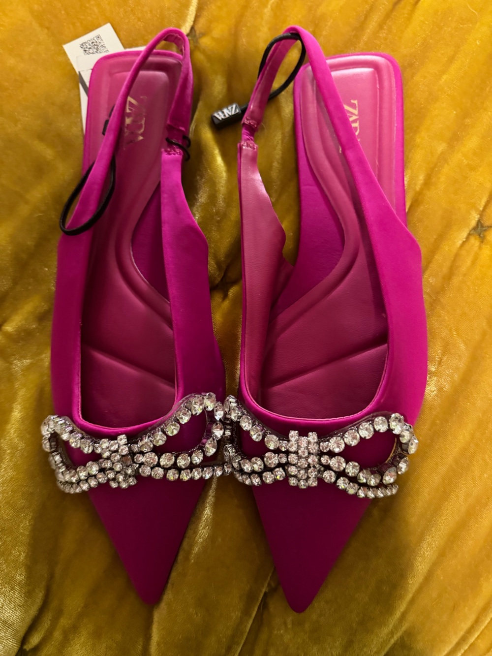 Zara Women's Fuchsia Satin Pointed Toe Flats with Crystal Buckle